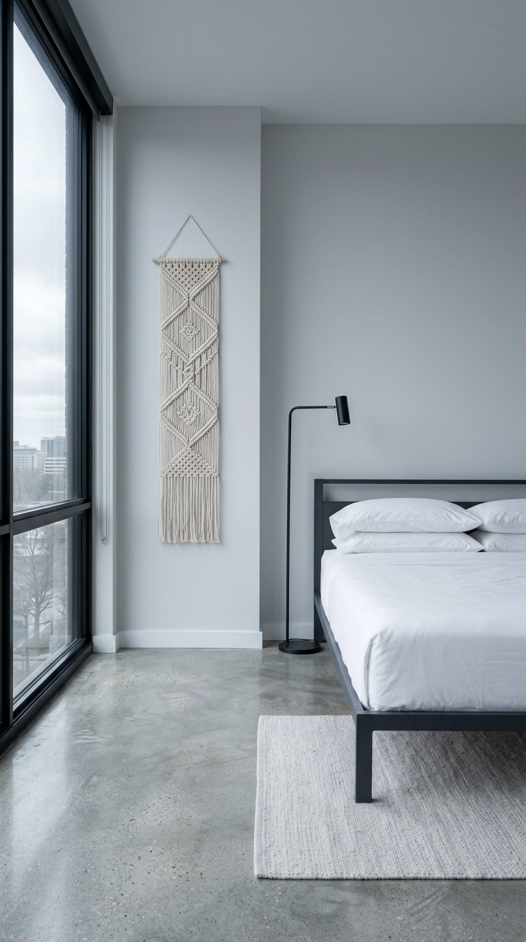 Narrow ecru knotted rope wall piece beside a window in a cool contemporary concrete-floored bedroom