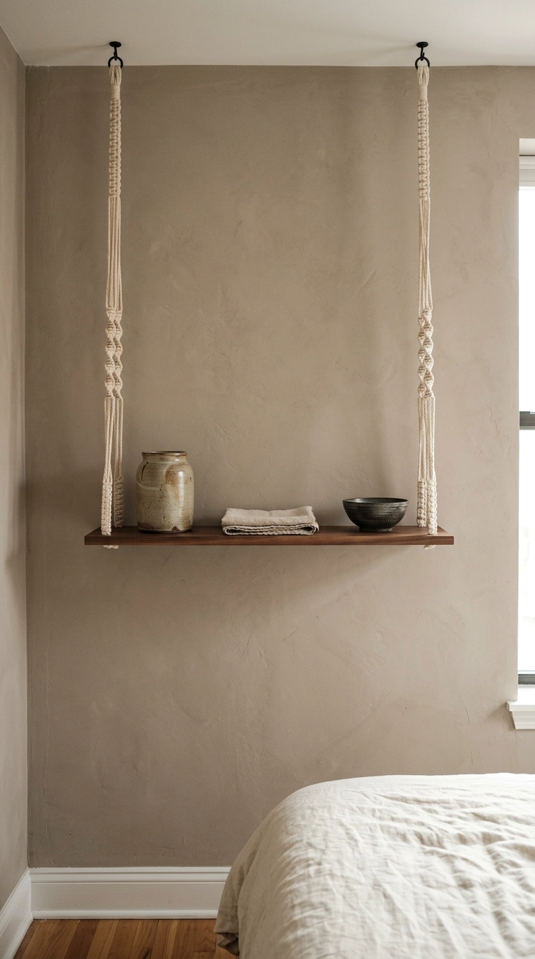 Narrow walnut shelf hanging from knotted cotton rope slings against a taupe plaster wall