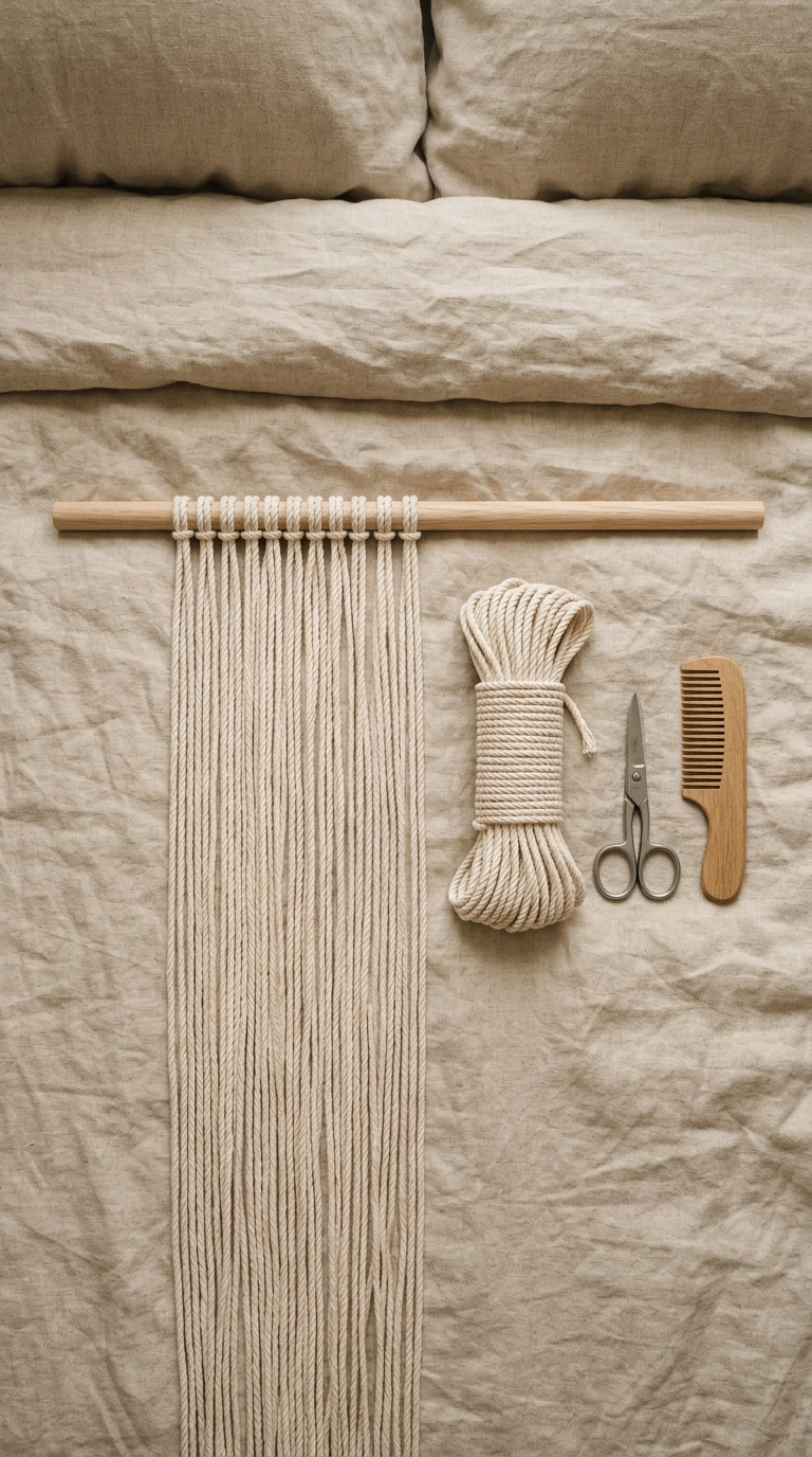 Overhead flat lay of a dowel with cotton cords attached, rope bundle, scissors and comb on a bed