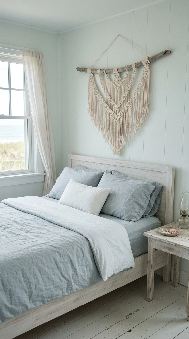 Sun-bleached rope wall hanging on a driftwood branch above a whitewashed bed in a coastal bedroom