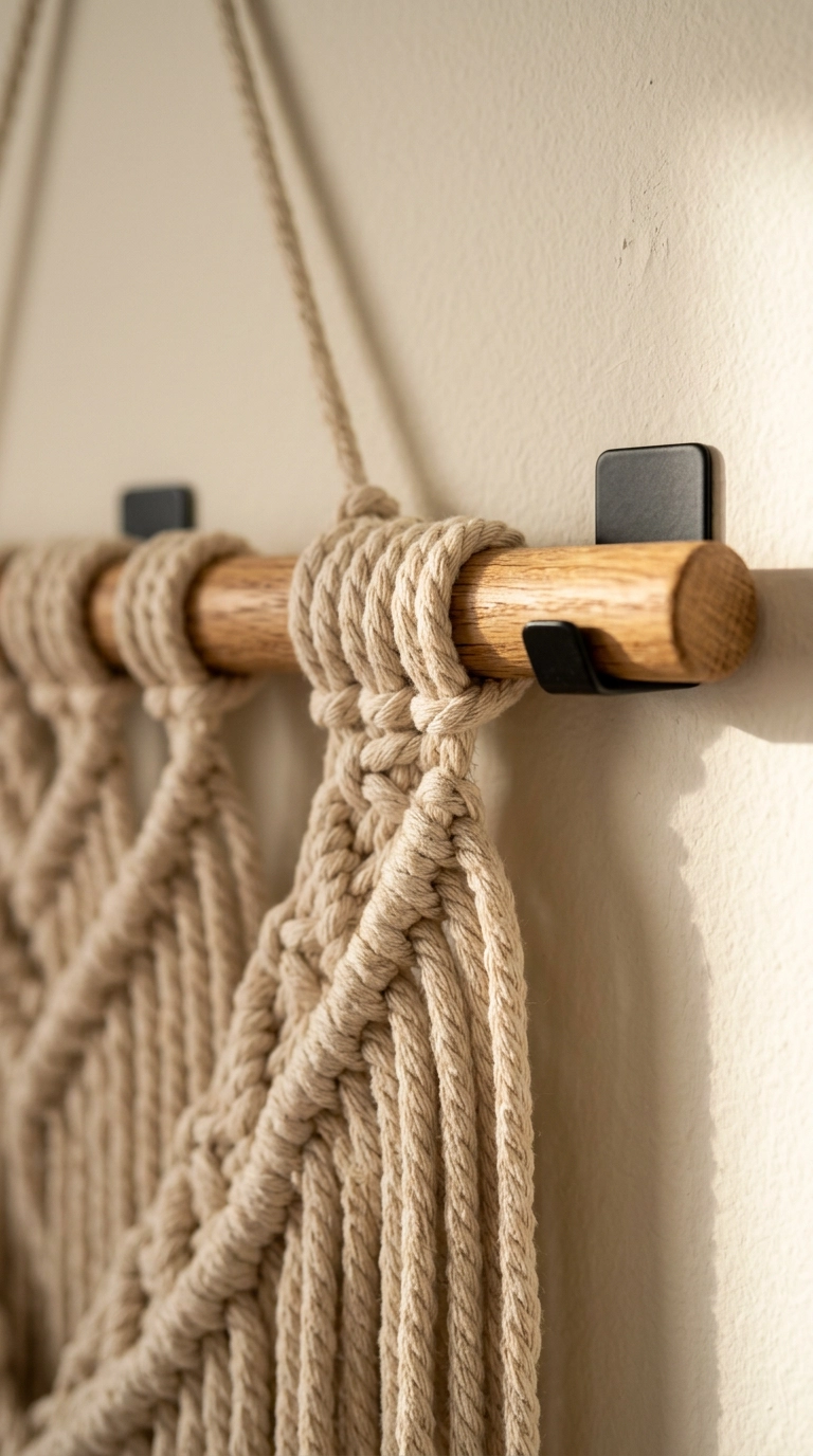 Close-up of a cotton rope wall hanging dowel resting on two small black adhesive wall hooks