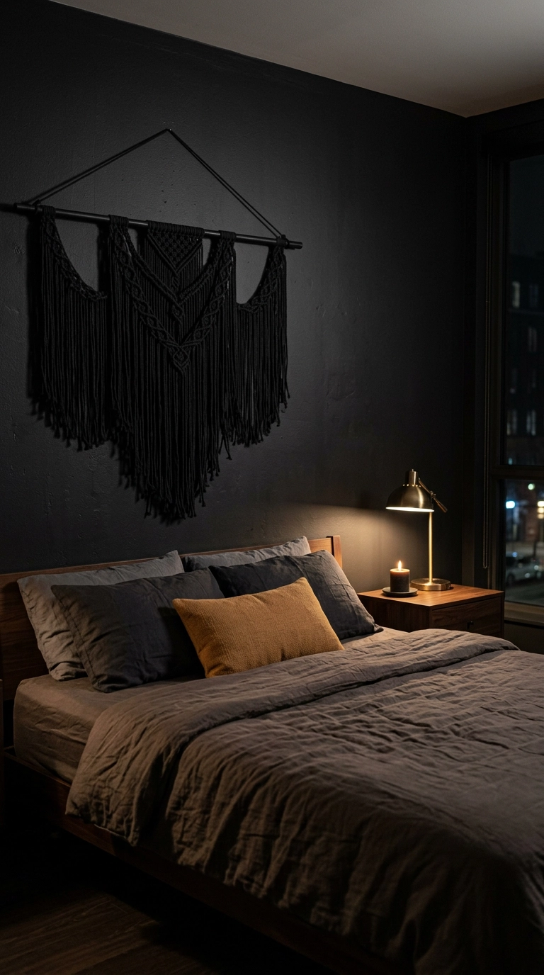 Black knotted cotton rope wall hanging above a bed in a charcoal-walled moody bedroom