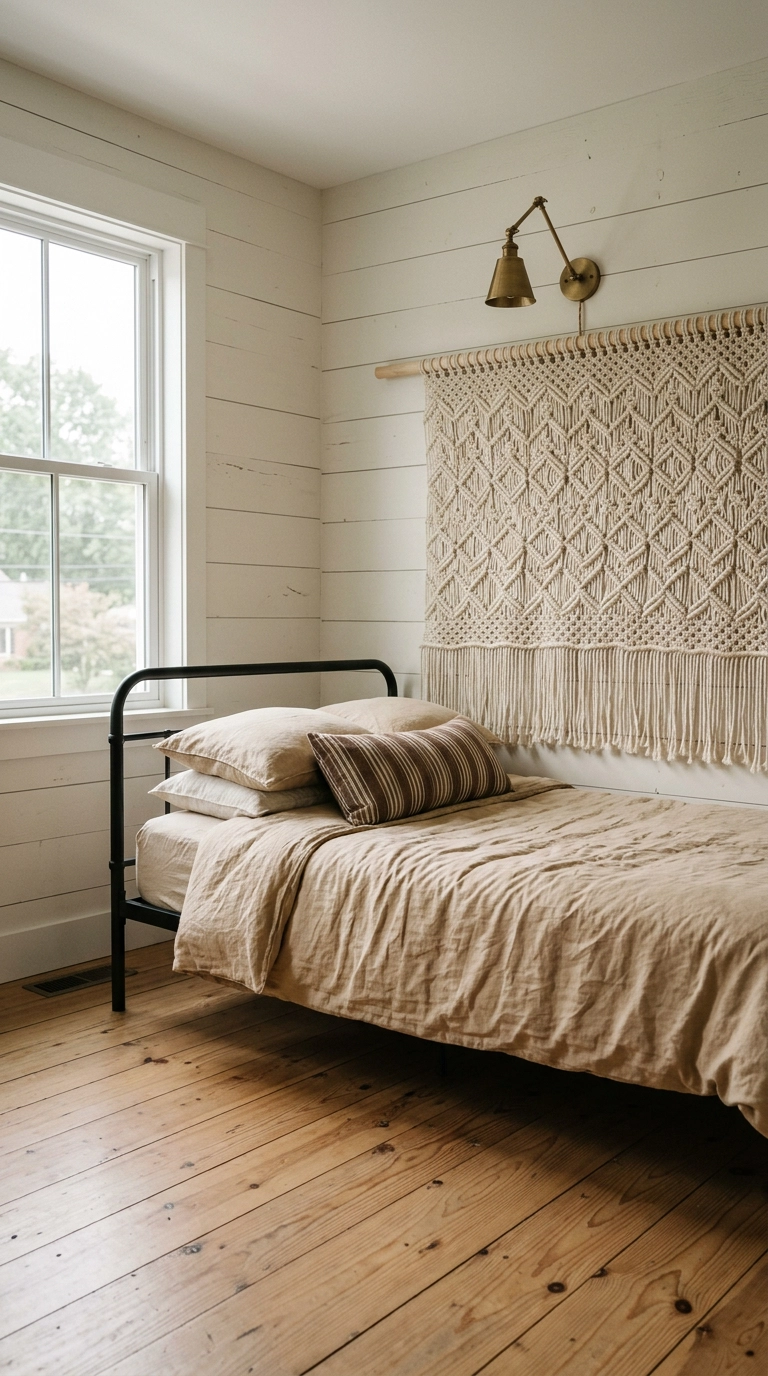 Cream knotted cotton rope panel used as a headboard behind a low black metal bed