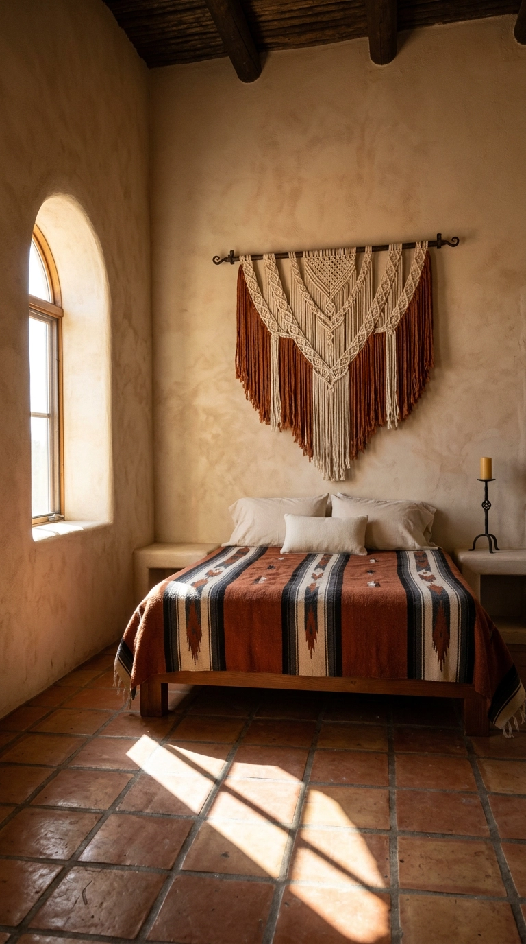 Rope wall hanging with rust wool fringe above a striped woven blanket in a southwest bedroom