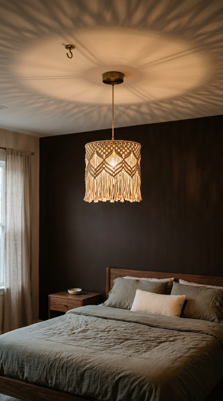 Knotted cotton rope pendant shade glowing warmly above a bed in a dark-walled bedroom