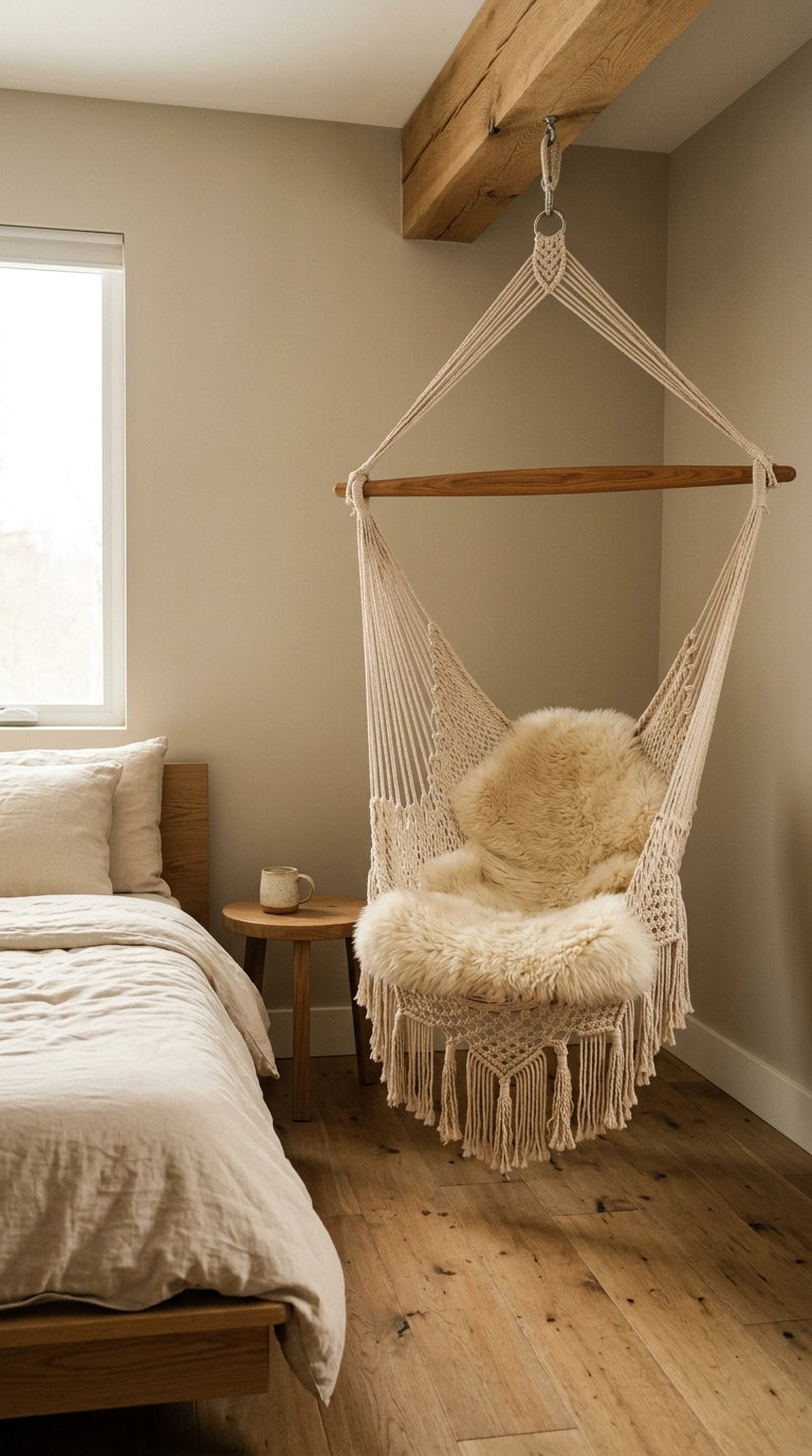 Knotted cotton rope hanging chair suspended from a ceiling beam in a warm rustic bedroom corner