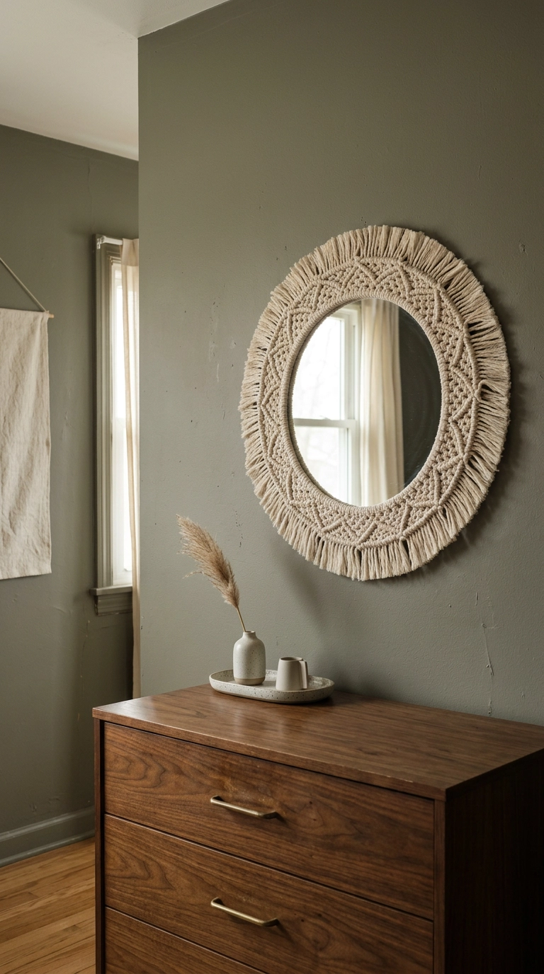 Round mirror ringed with knotted rope fringe above a walnut mid-century dresser