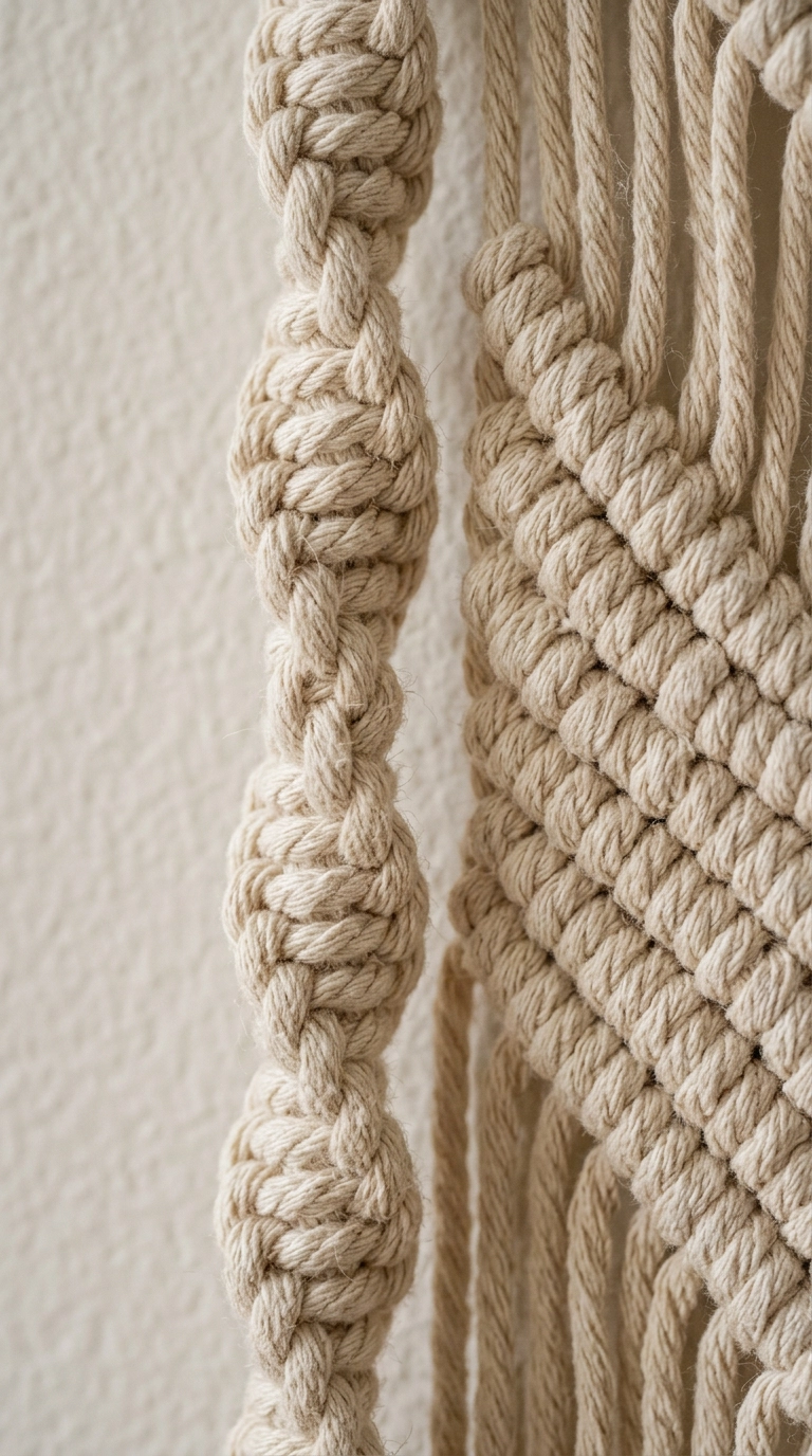 Macro close-up of spiral knots and a diagonal clove hitch ridge in natural cotton rope