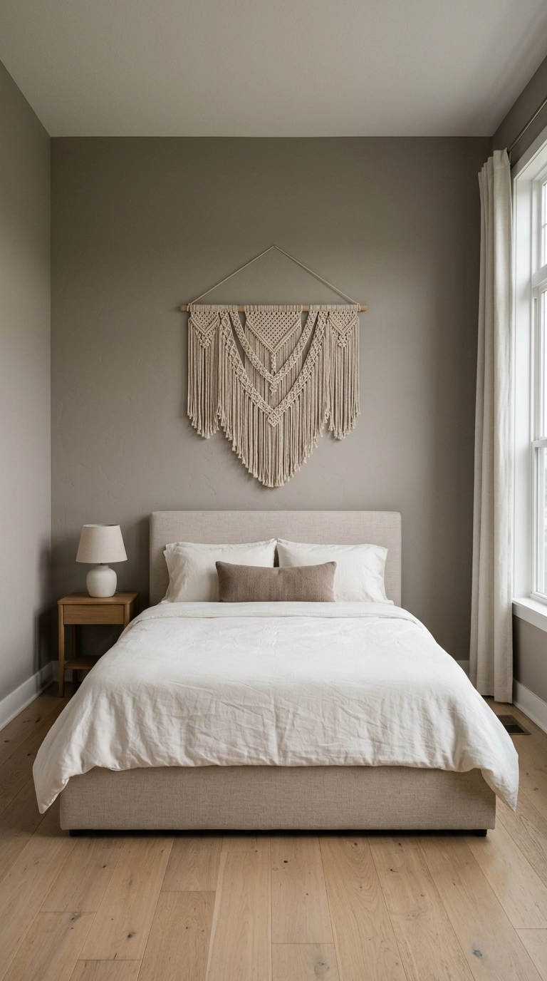 Single large clean knotted rope wall hanging as the only decor on a taupe bedroom wall