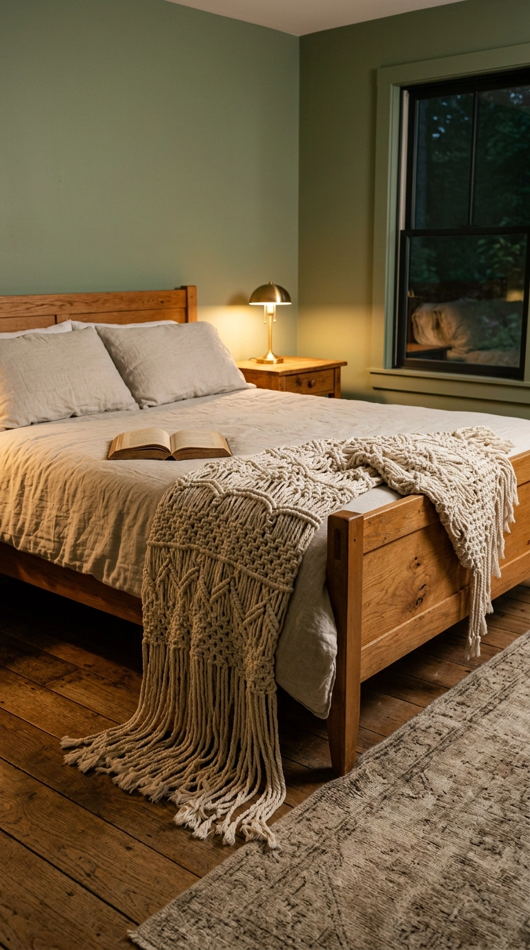 Cream knotted throw with long fringe draped across the foot of a bed in a green cottage bedroom