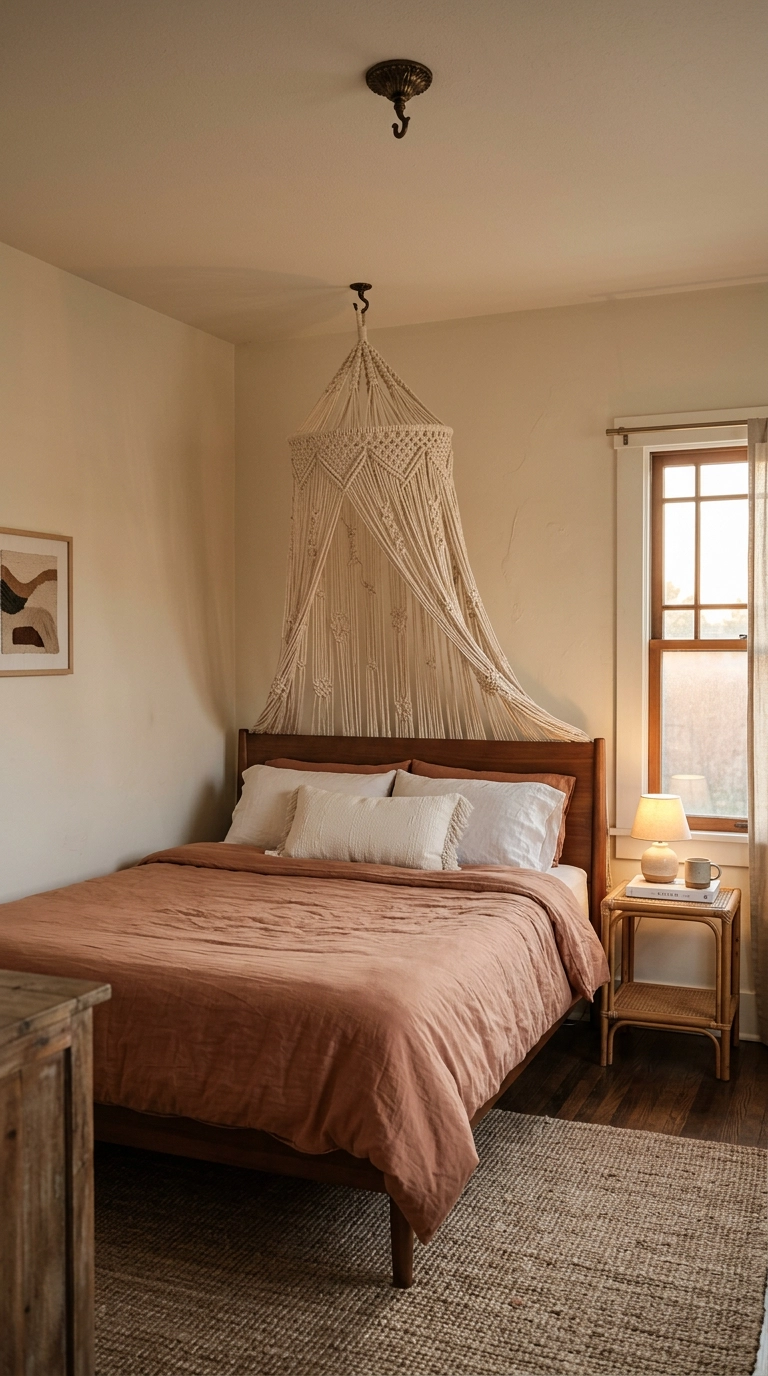 Ivory knotted rope canopy draped from the ceiling over the head of a bed in a bungalow bedroom