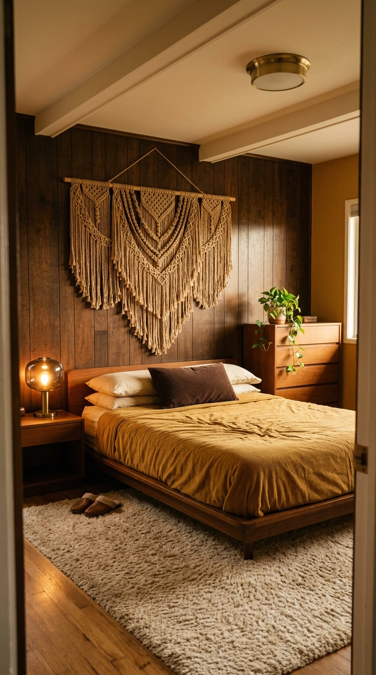 Large jute and rope wall hanging with beaded fringe above a teak bed in a 70s revival bedroom