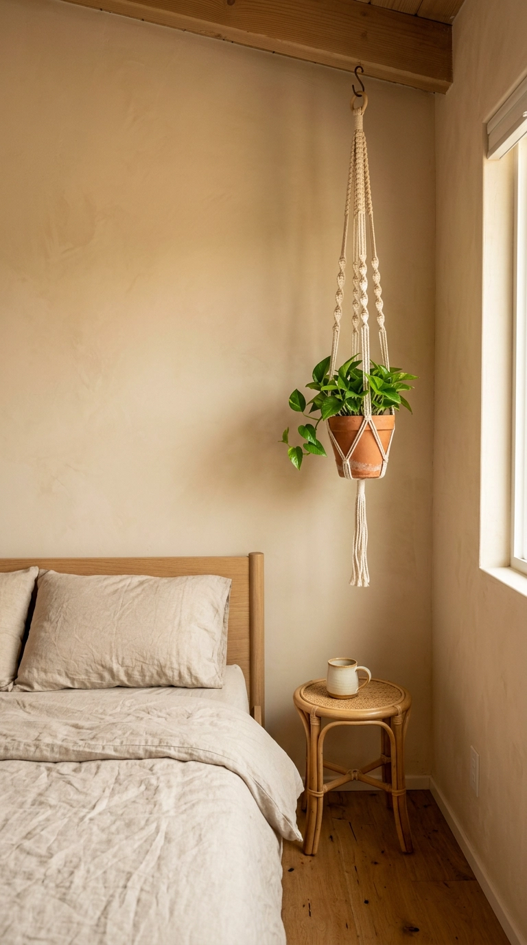 Single knotted rope plant hanger holding one small pothos in a terracotta pot in a bedroom corner