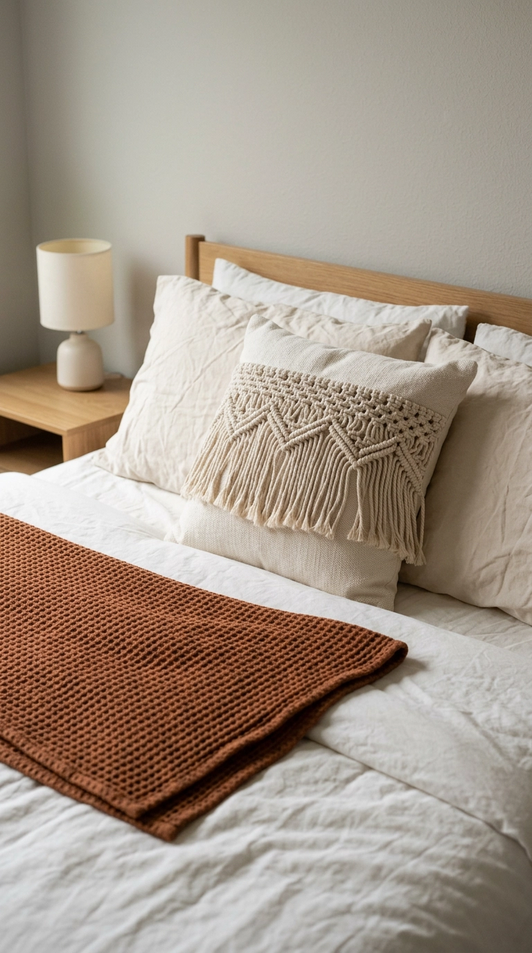 Accent pillow with knotted cotton rope fringe on a bed with a clay waffle blanket