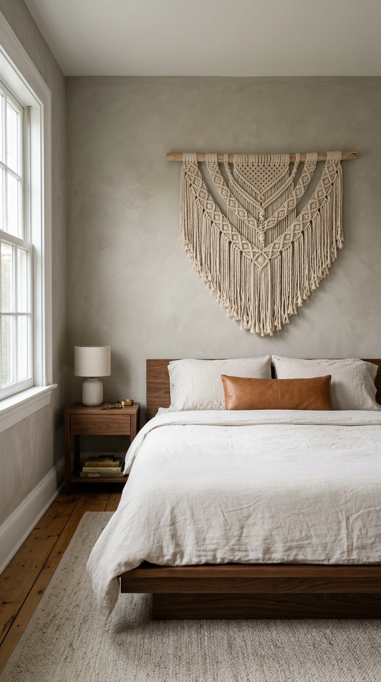 Large hand-knotted cotton rope wall hanging above a walnut platform bed in a warm minimalist bedroom