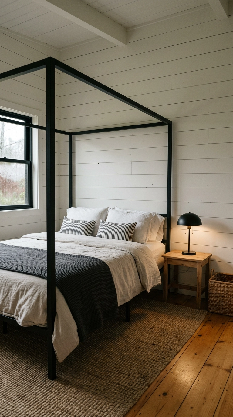 Magnolia bedroom with a narrow bone-white shiplap accent wall behind a black metal four-poster bed