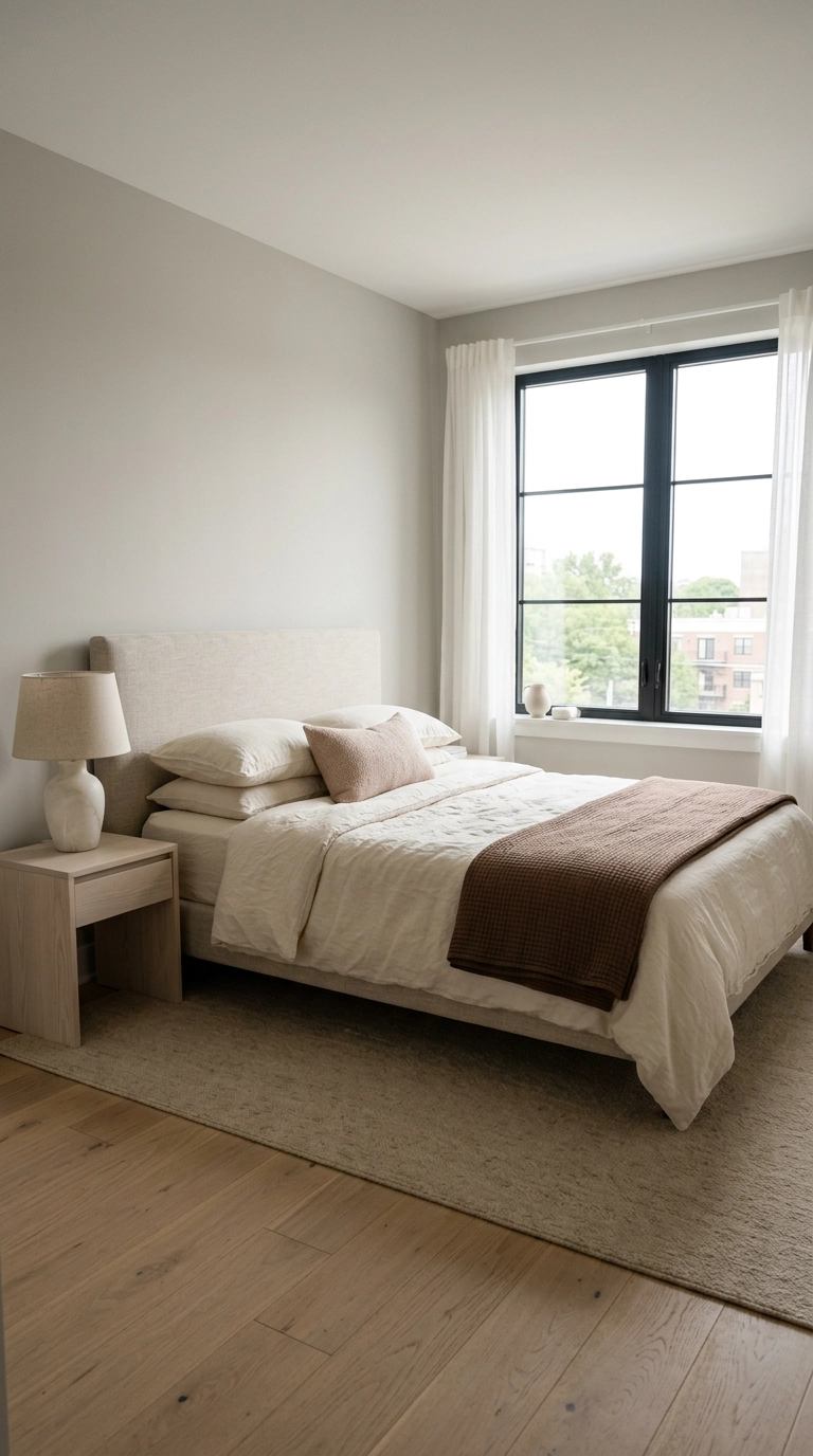 Magnolia bedroom with washed ivory linen bedding, a blush lumbar pillow and cocoa brown coverlet
