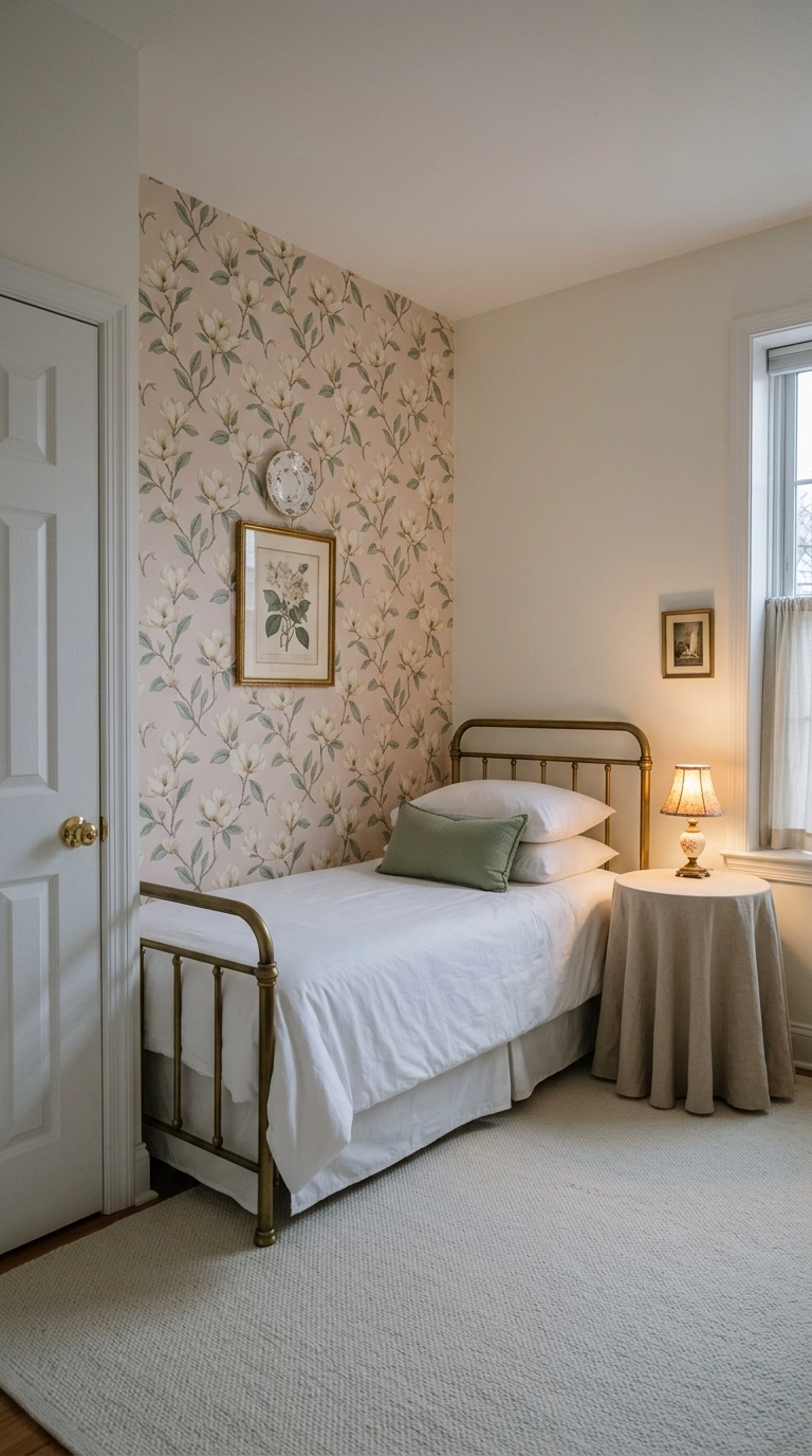 Magnolia floral wallpaper feature wall behind a brass daybed in a small magnolia bedroom