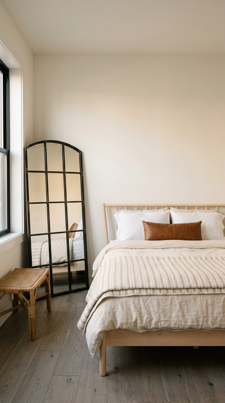 Large black windowpane mirror leaning against a white wall in a small magnolia bedroom