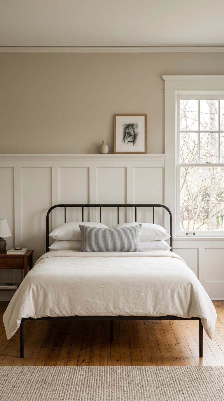 Magnolia bedroom with half-height board and batten wall molding painted bone white below warm greige walls