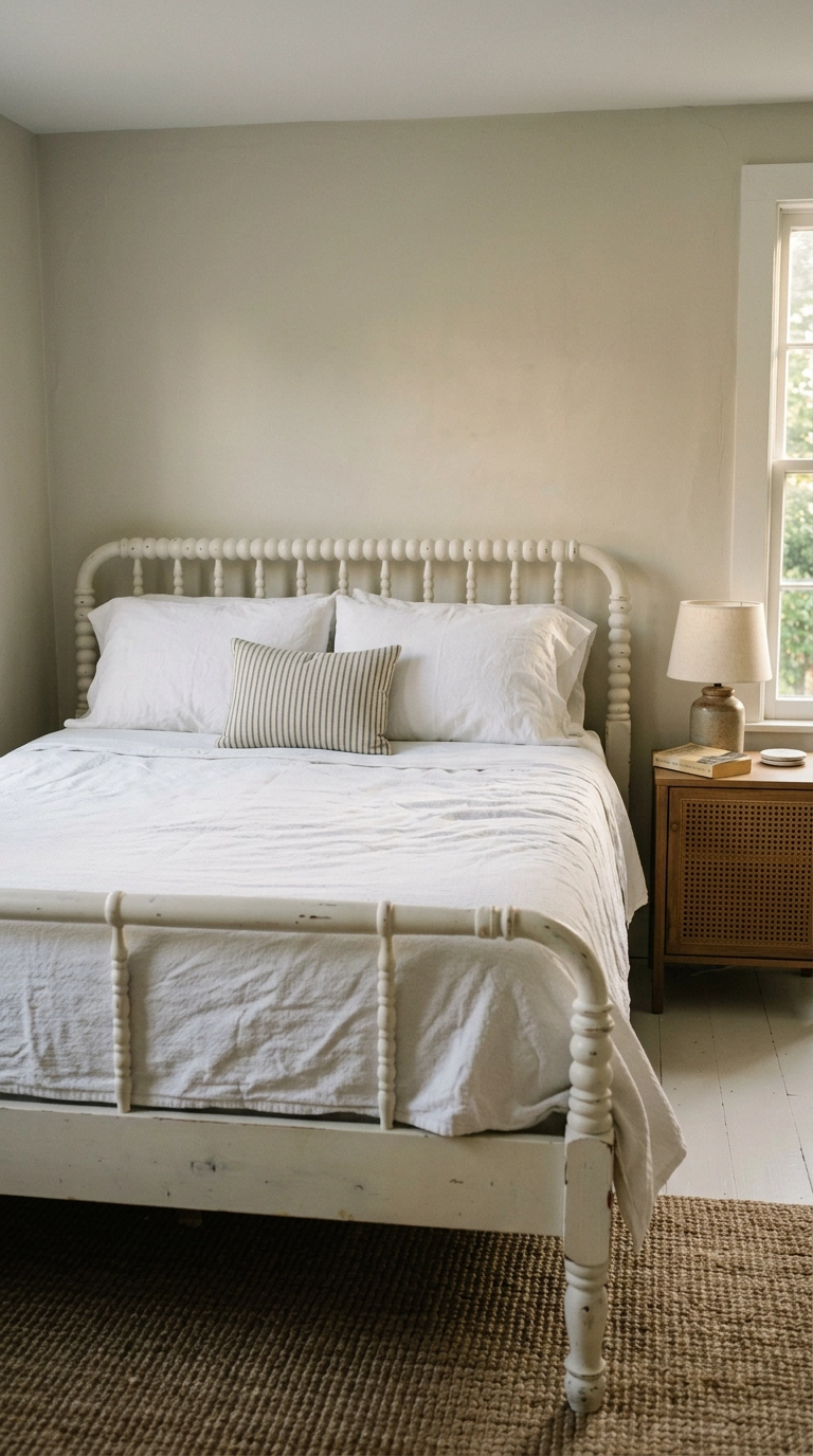 White painted spindle bed with a matelasse coverlet in a cottage-style magnolia bedroom