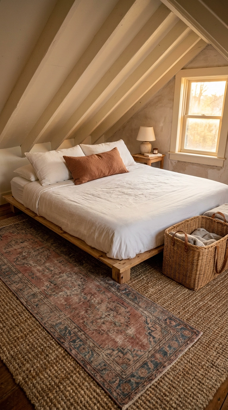 Faded rose vintage runner layered over a jute rug in a sloped-ceiling magnolia bedroom