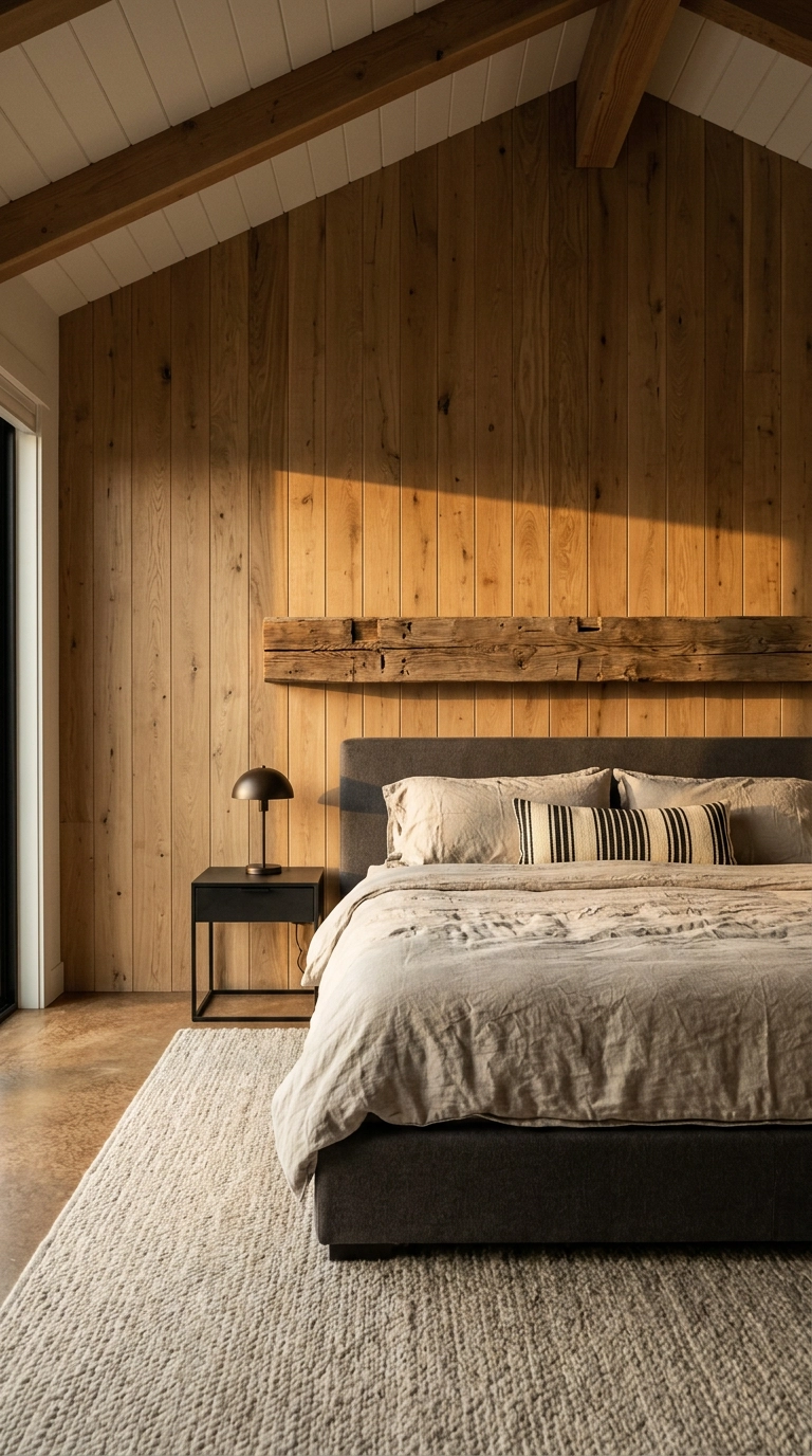 Vertical white oak plank wall with a reclaimed beam above a charcoal upholstered bed in a magnolia bedroom