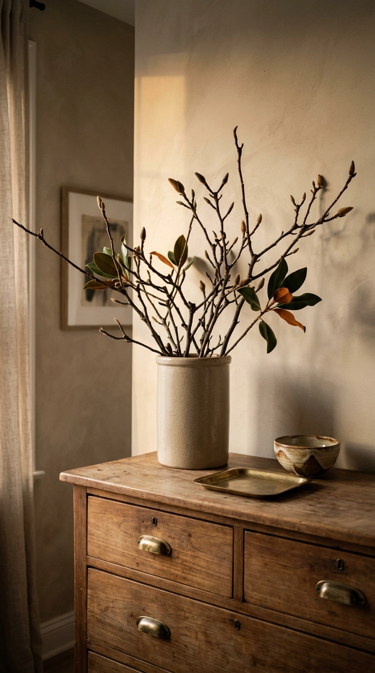 Tall magnolia branches in a stoneware crock beside a walnut dresser in a magnolia bedroom