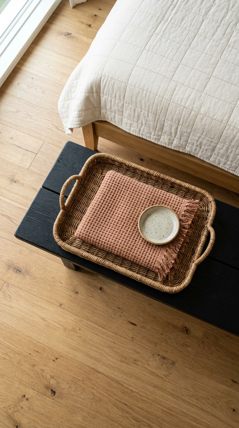 Overhead view of a rattan tray with a folded clay throw on a black bench in a magnolia bedroom