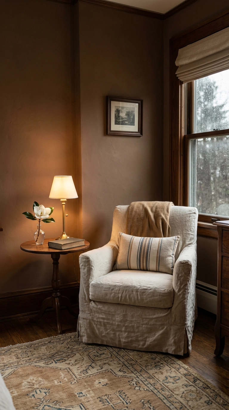 Cream slipcovered armchair and small brass lamp forming a reading corner in a magnolia bedroom