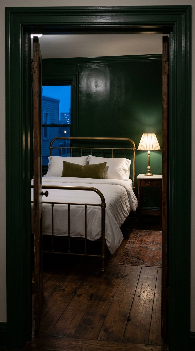 Magnolia bedroom painted deep glossy leaf green with an antique brass bed and white bedding