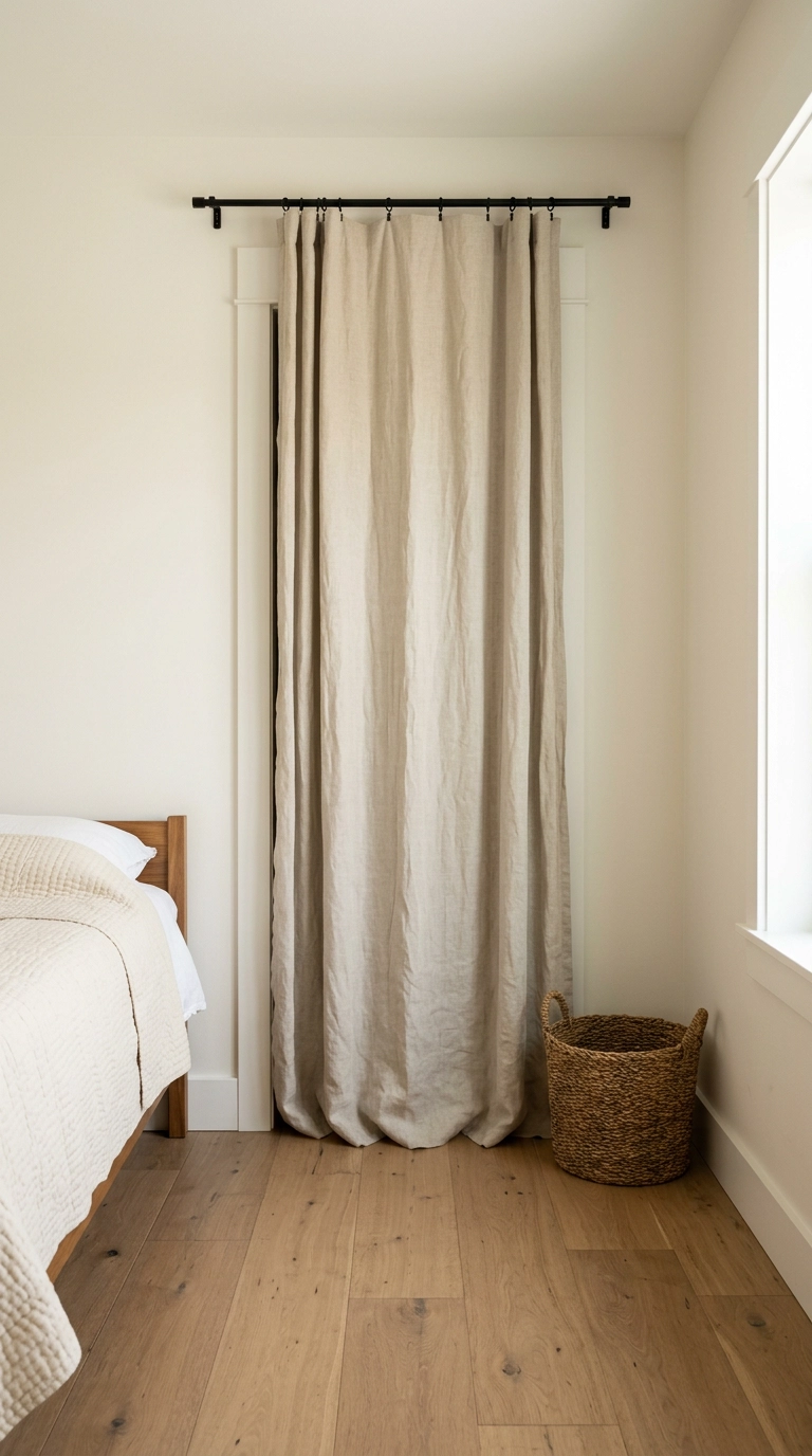 Closet fitted with a floor-length oatmeal linen curtain on a black rod in a magnolia bedroom