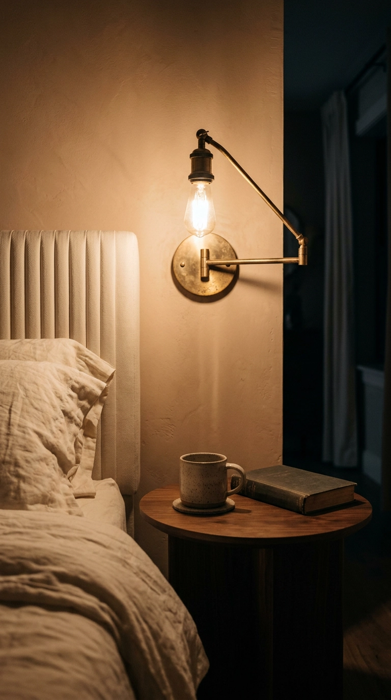 Brass swing-arm sconce above a small walnut nightstand in a magnolia bedroom