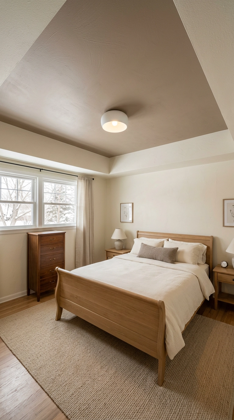 Magnolia bedroom with a warm taupe painted ceiling above lighter cream walls