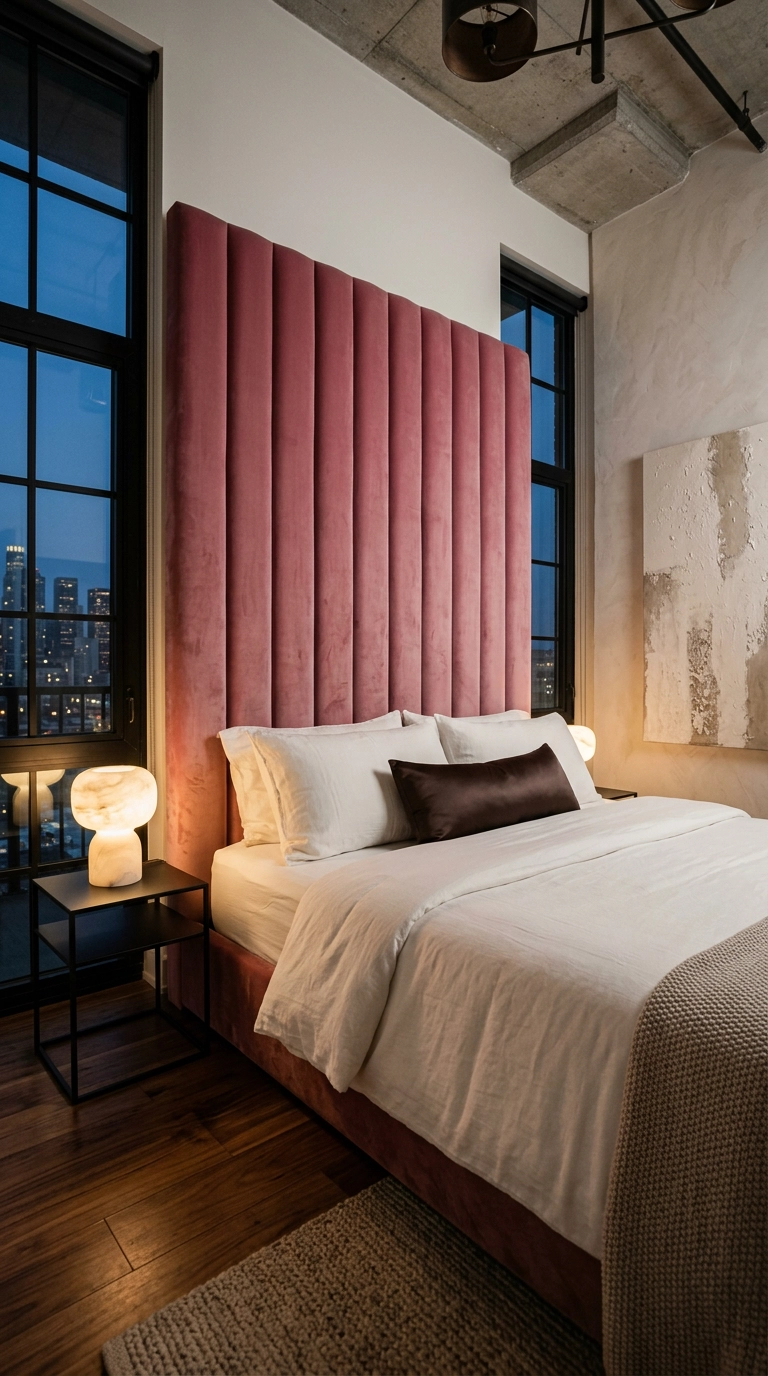 Tall deep pink velvet headboard reaching toward the ceiling in a modern magnolia bedroom