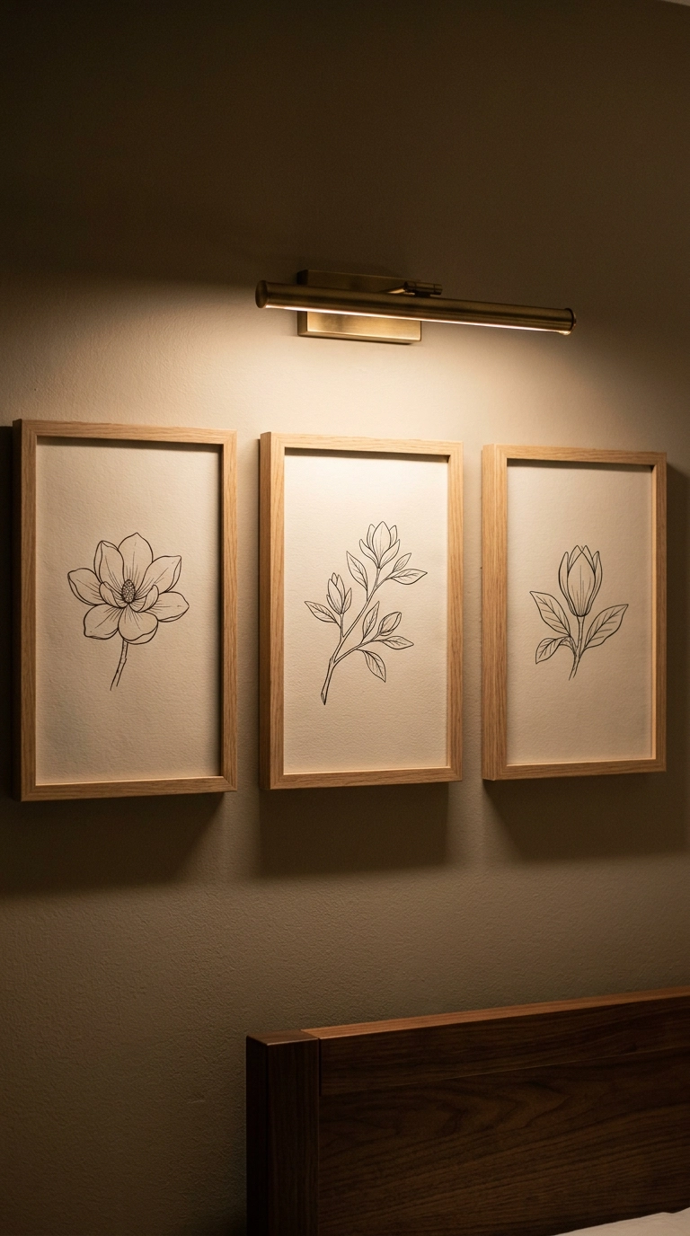 Three framed magnolia line drawings lit by a slim brass picture light in a magnolia bedroom