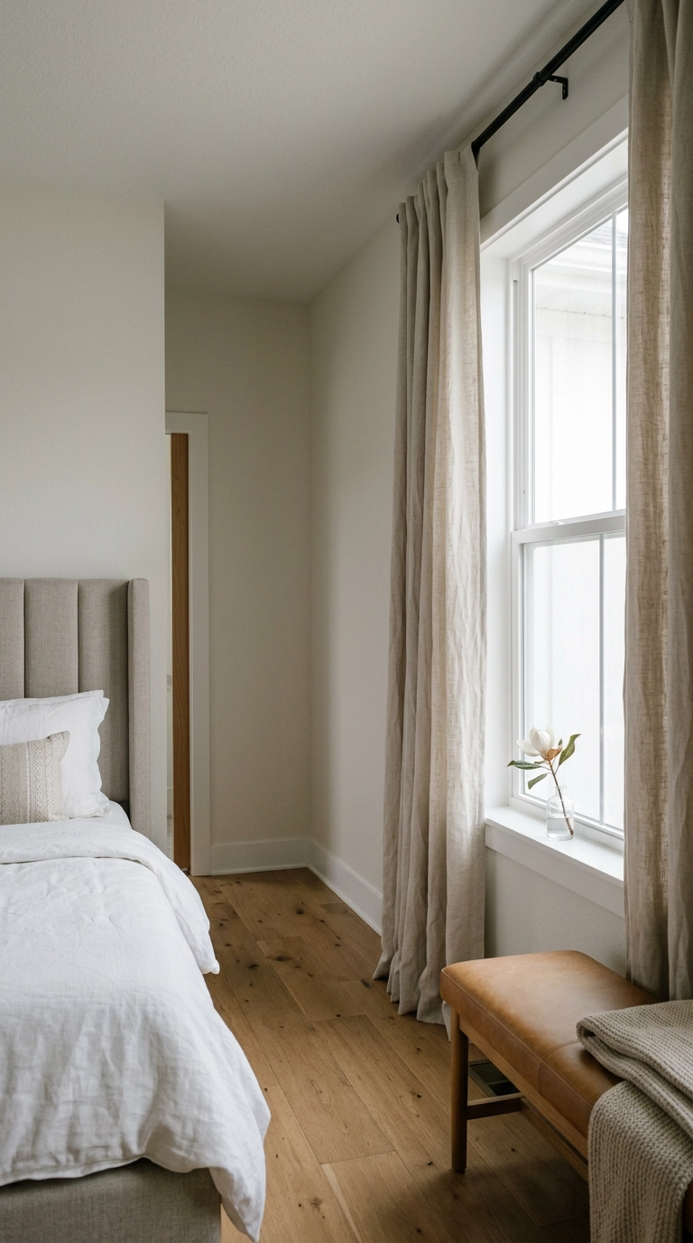 Oatmeal linen curtains hung near the ceiling beside a leather bench in a magnolia bedroom