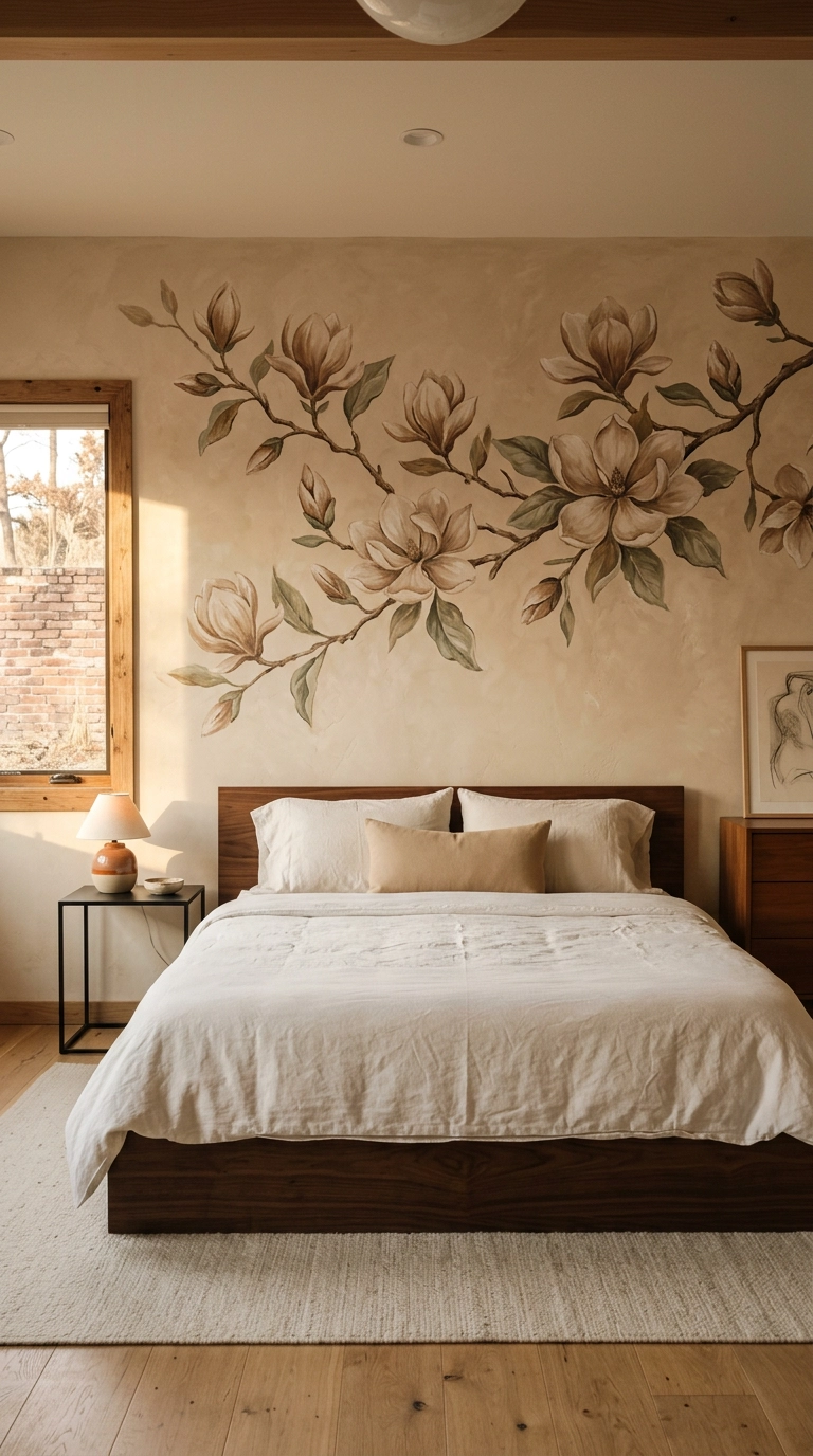 Hand-painted magnolia branch mural in sepia and sage on the wall behind a walnut platform bed