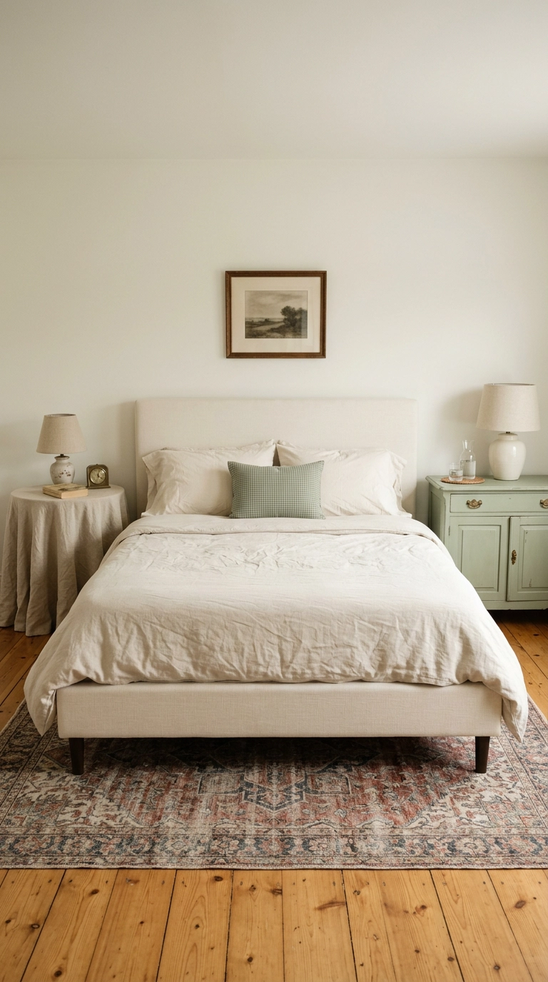 Mismatched skirted and painted nightstands flanking a cream upholstered bed in a magnolia bedroom