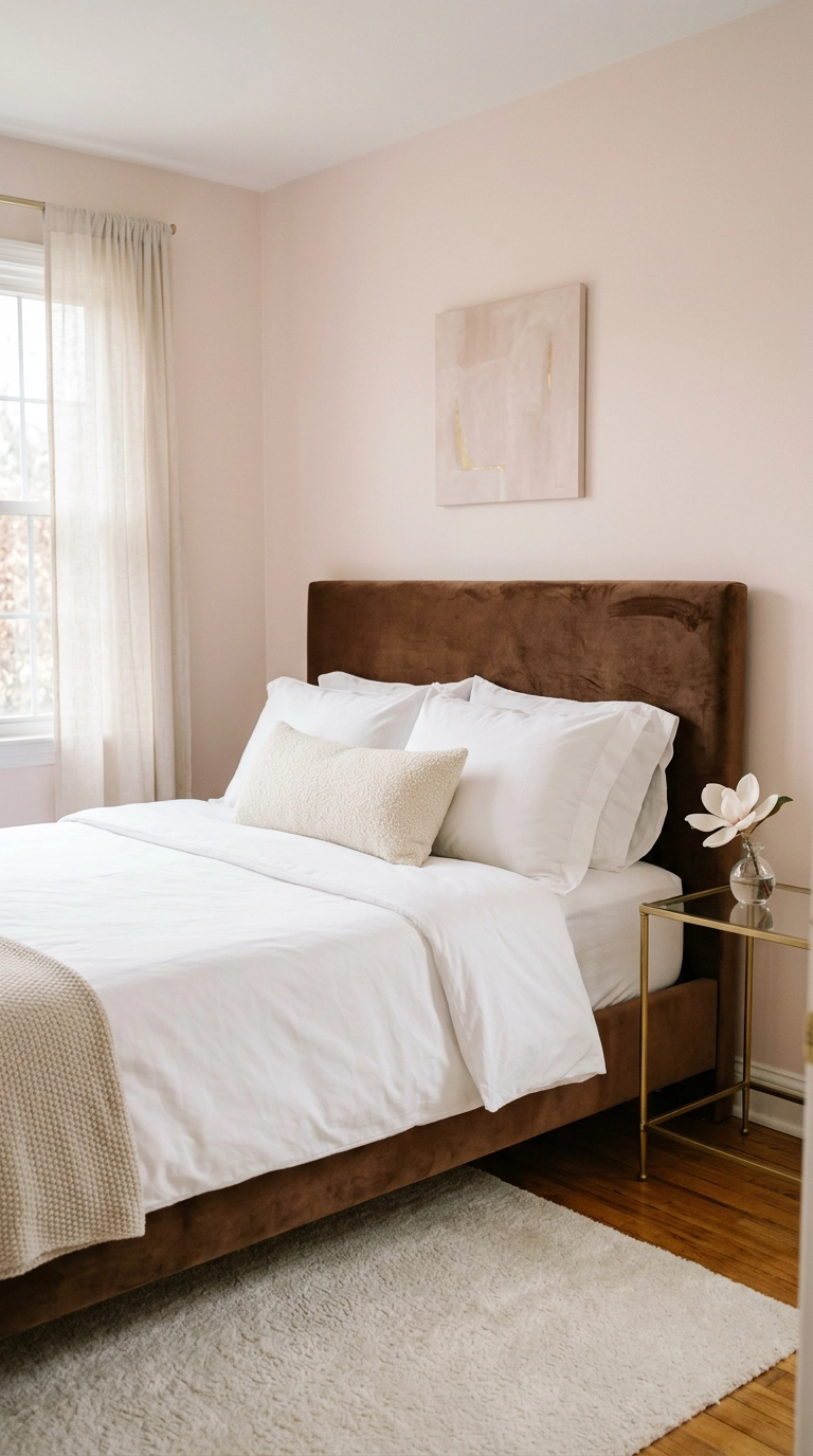 Blush pink magnolia bedroom with a cocoa brown velvet headboard and a single bloom in a bud vase