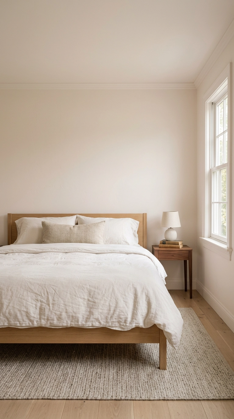 Magnolia bedroom with creamy white walls, trim and ceiling painted the same soft shade behind a white oak bed