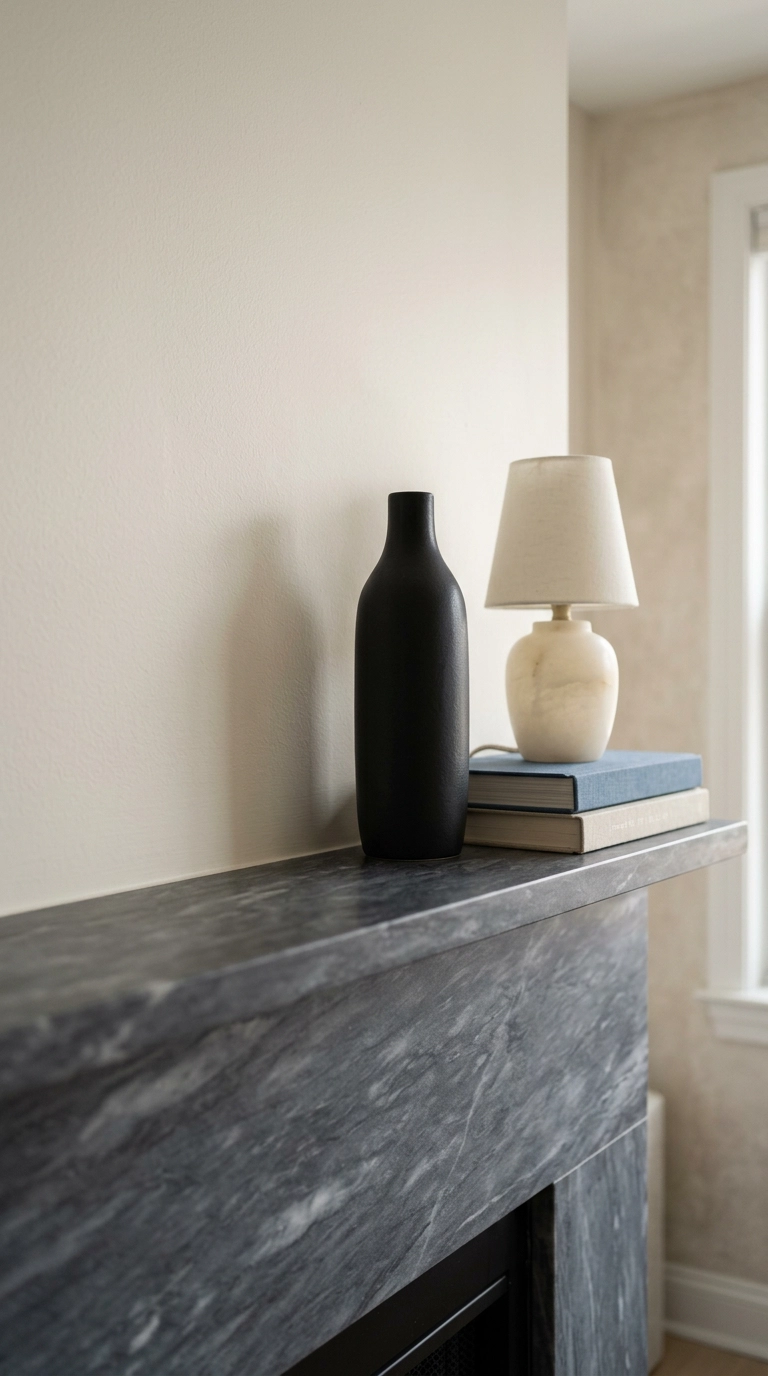 Honed grey Bardiglio marble mantel shelf styled with three objects at three different heights