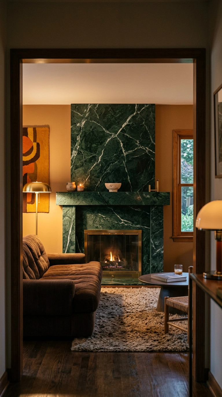 Deep green Verde Alpi marble fireplace surround with white veining in a 70s-style den