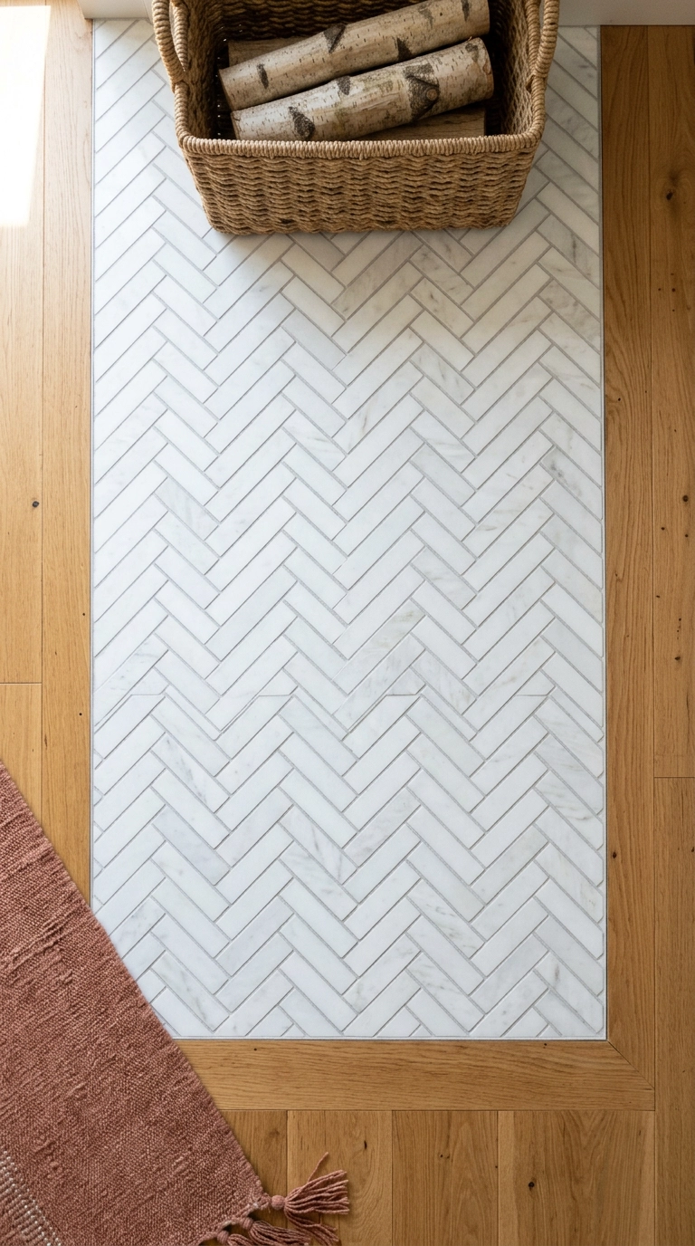 Herringbone honed Thassos marble mosaic tile hearth meeting oak floorboards from above