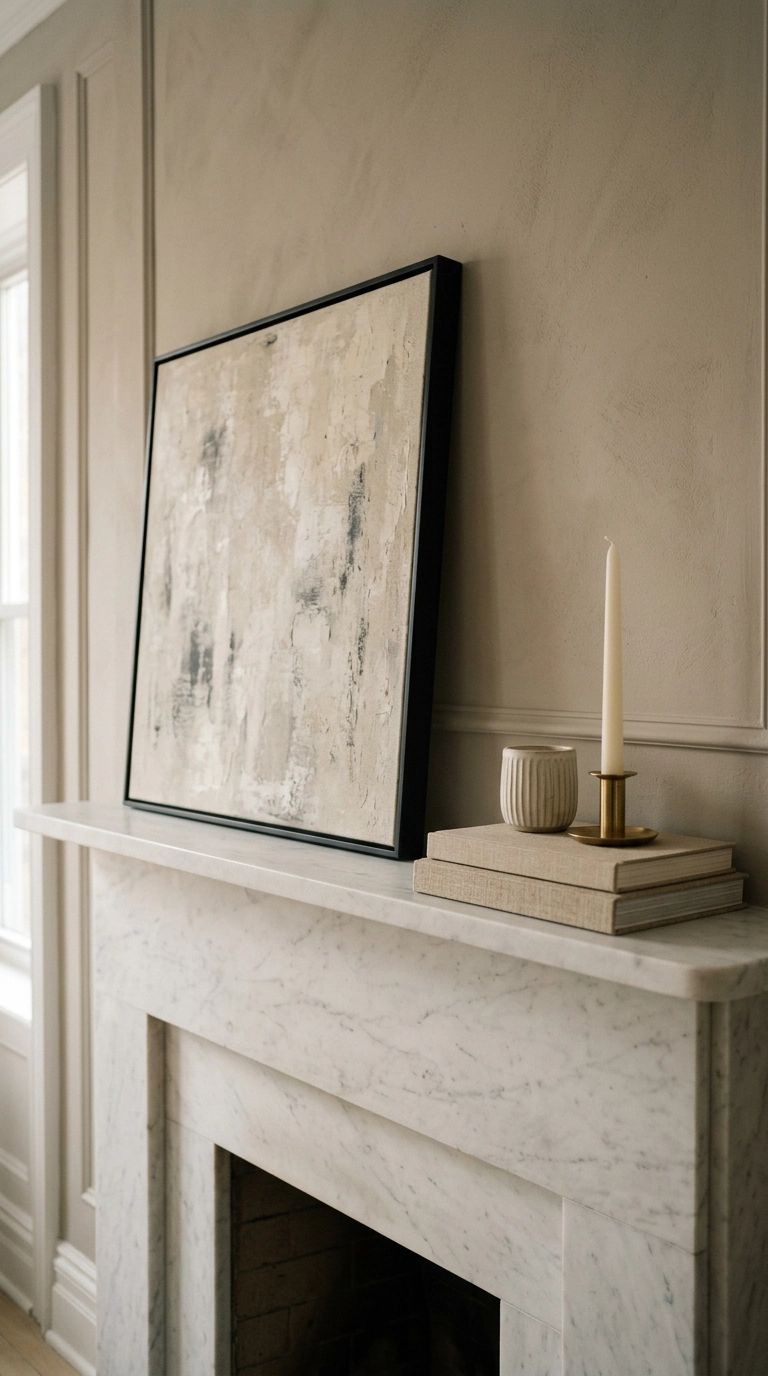 Honed Carrara marble fireplace mantel styled with art and books arranged by the rule of thirds