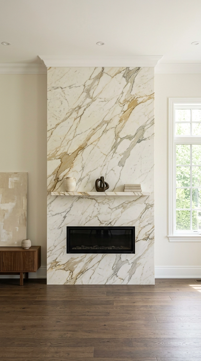 Full-height Calacatta Gold marble fireplace slab running to the ceiling in a bright living room