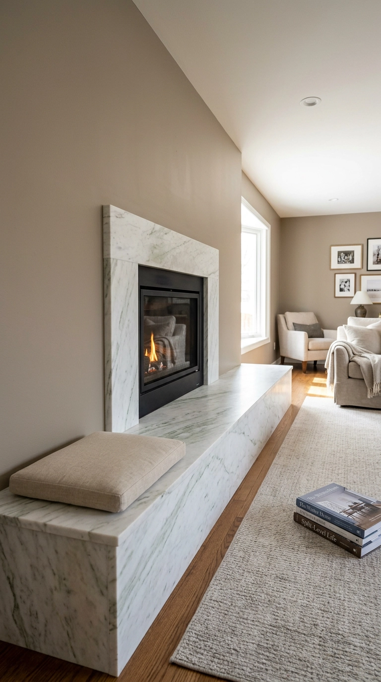 Raised honed Danby marble hearth used as bench seating in front of a family room fireplace