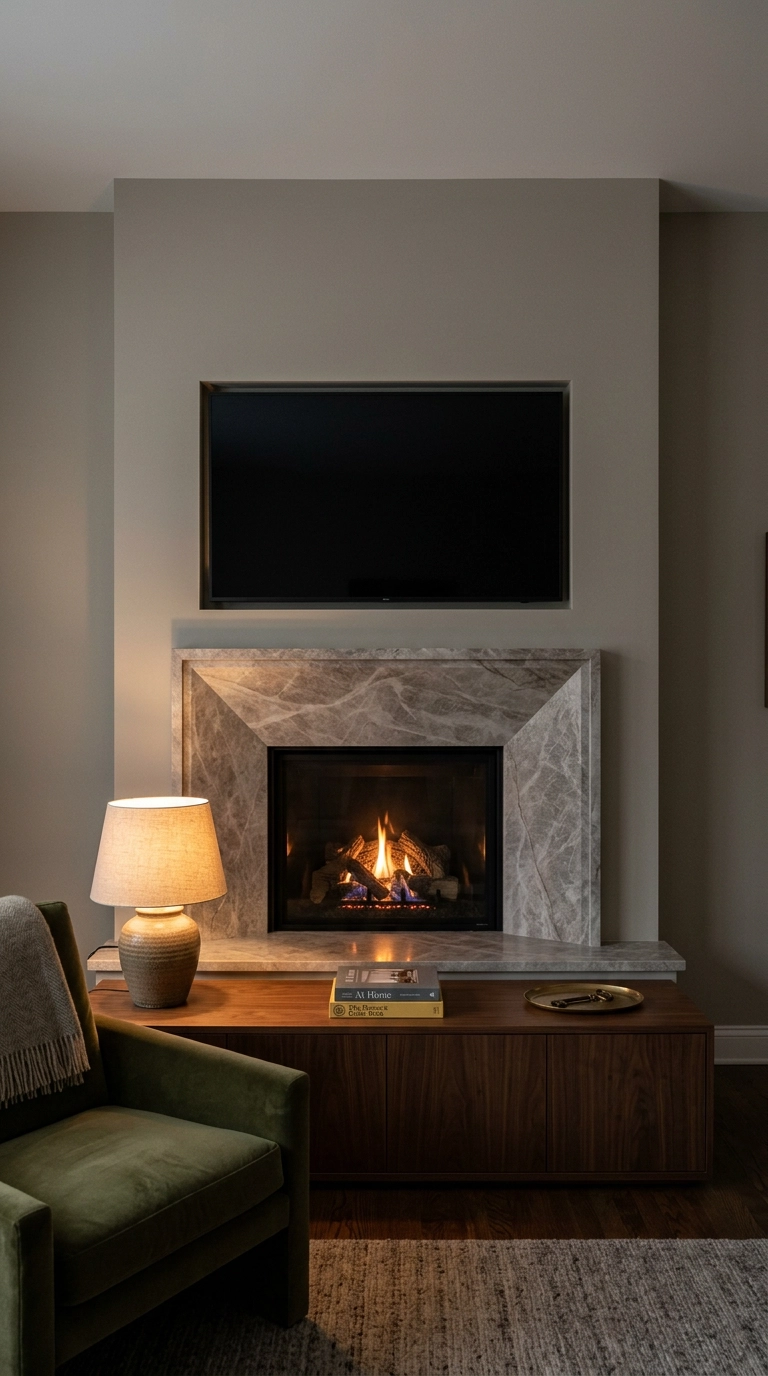 Television recessed flush into the wall above a honed Fior di Bosco marble fireplace surround