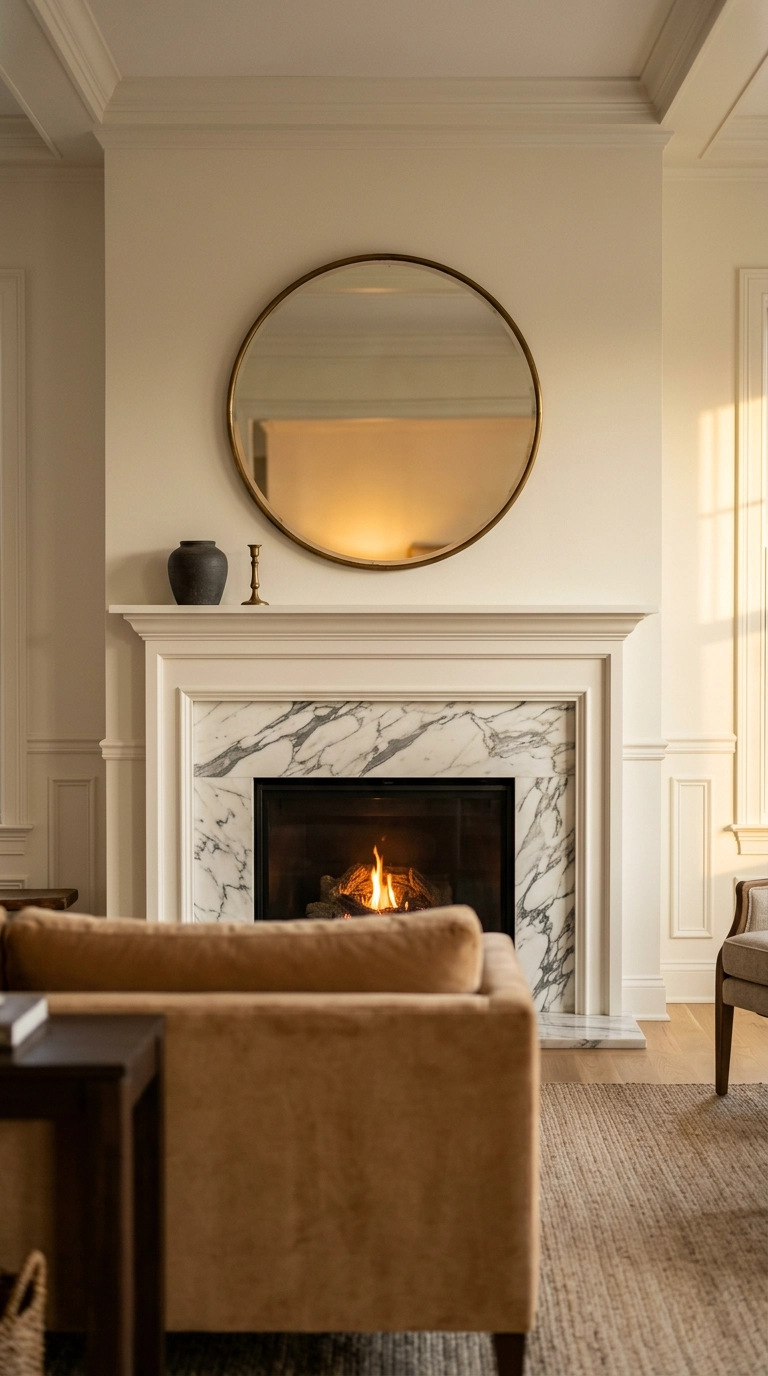 Round brass mirror hung above a Statuario marble fireplace with a painted white mantel