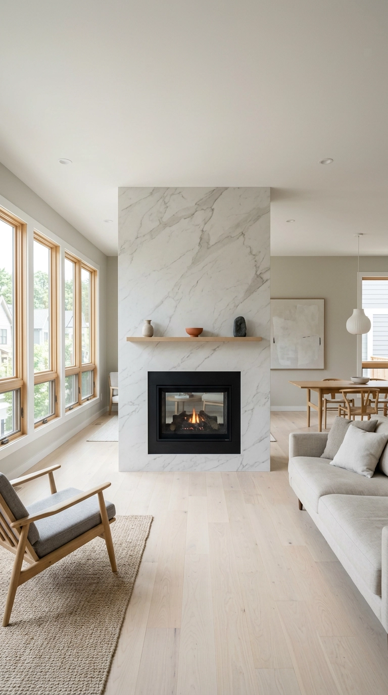 Marble-look porcelain slab fireplace surround with grey veining in a bright Scandinavian living room